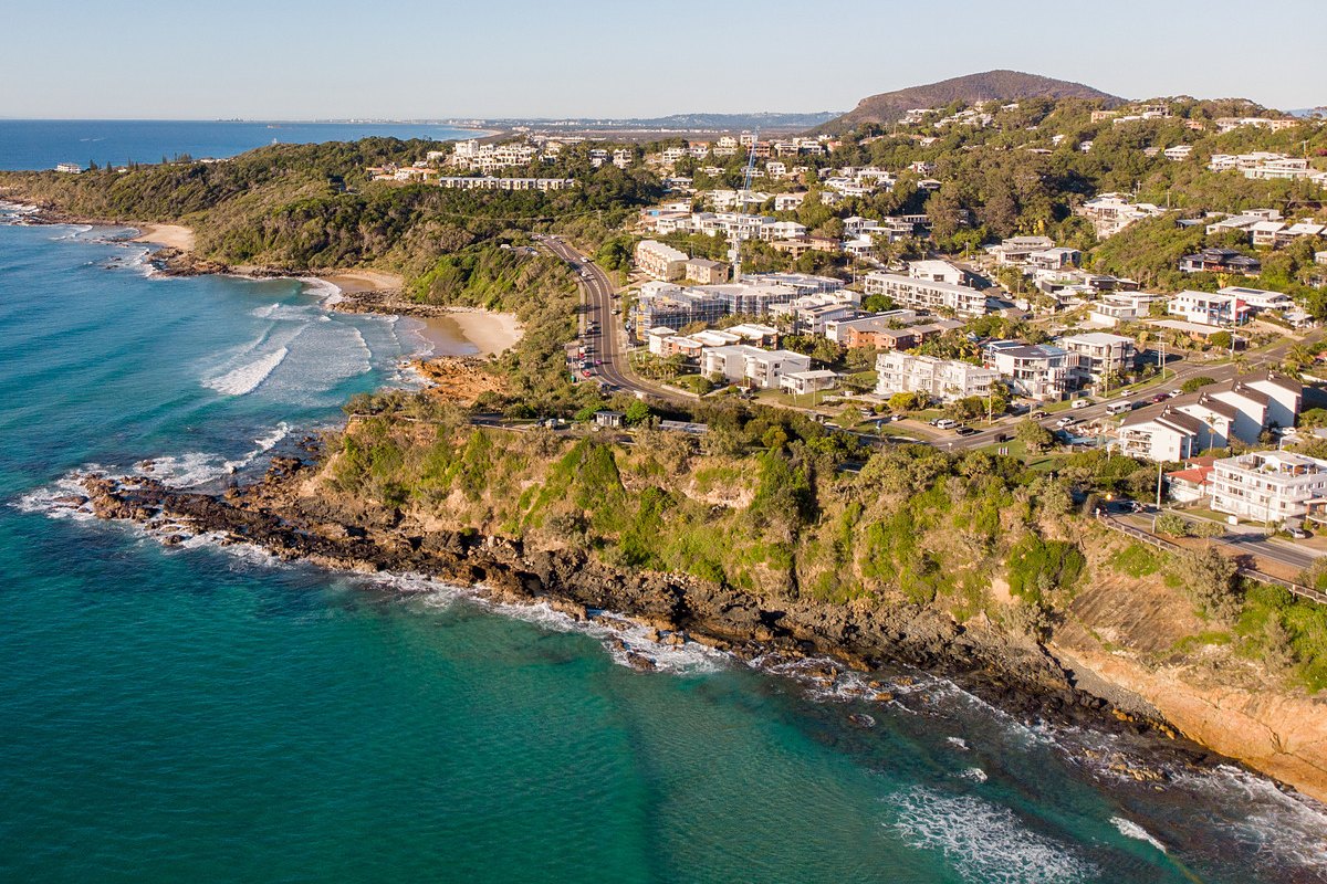 Coolum headland and David Low Way from the air with Mt Coolum behind