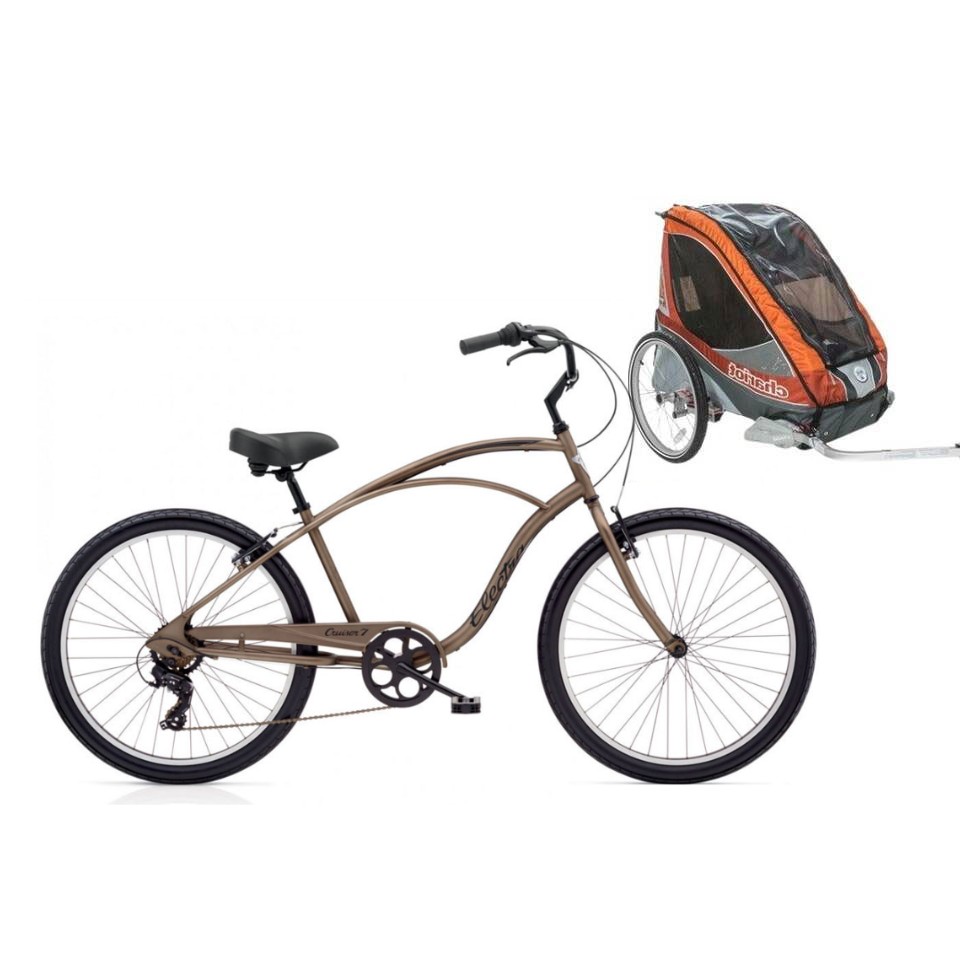 Step over cruiser bike with a two child Chariot trailer, Bike On bike hire Noosa